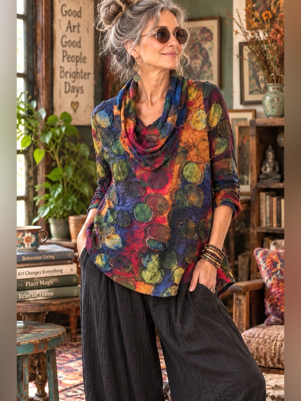 Radzoli M Art to Wear Tunic Top Abstract Tie Dye Lagenlook Cowl Neck